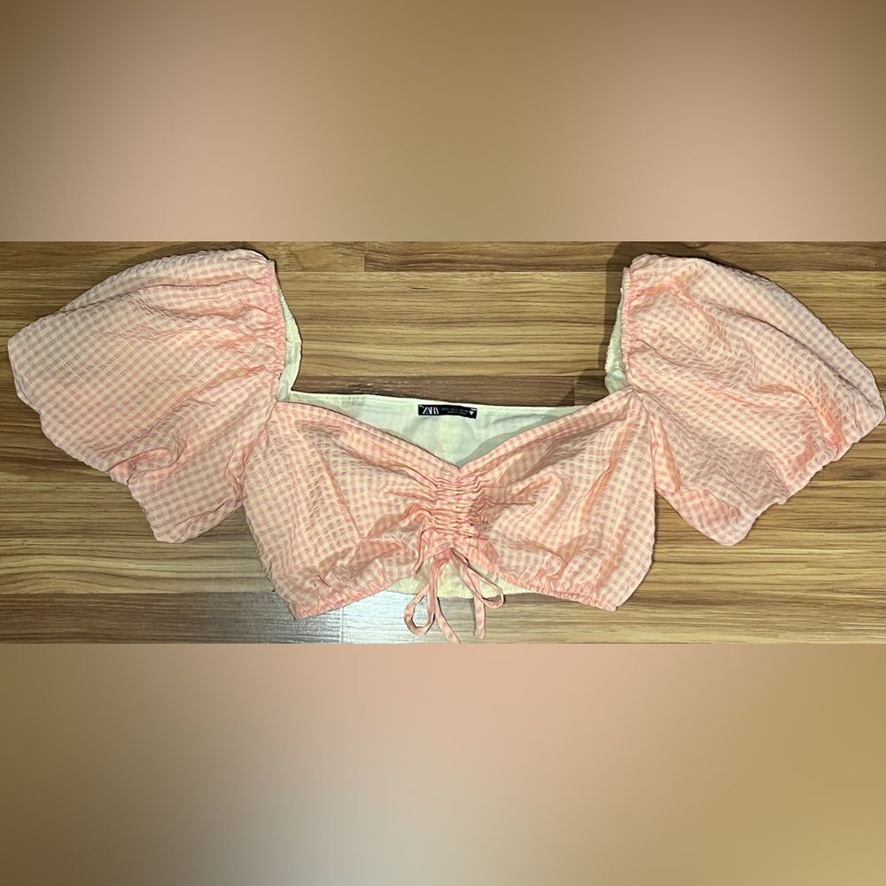Zara Gingham Puff Sleeve light pink and light yellow top Size L